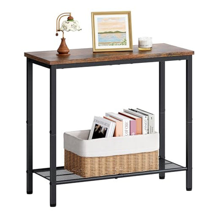 2 Tier End Table, Sofa Side Table, Narrow Side Table with Storage, Slim Nightstand for Small Spaces, Metal Frame, for Living Room, Bedroom, Sofa Couch, Hall, Rustic Brown