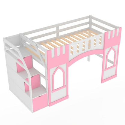 Wooden Twin Loft Bed with Built-in Storage Staircase and Play Window, House Style Elevated Kids Bed Frame, No Box Spring Needed for Bedroom Use (Pink)