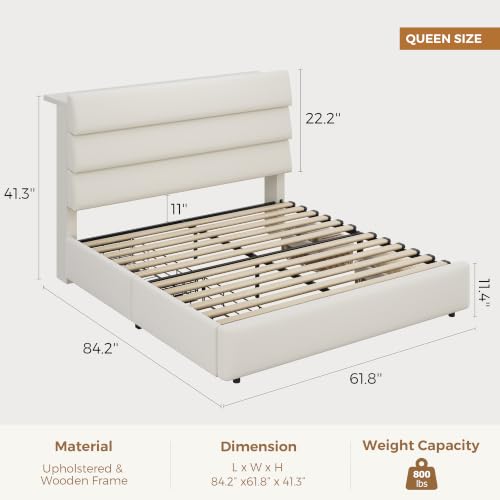 Beige Queen Bed Frame with Drawers and Headboard, view 3