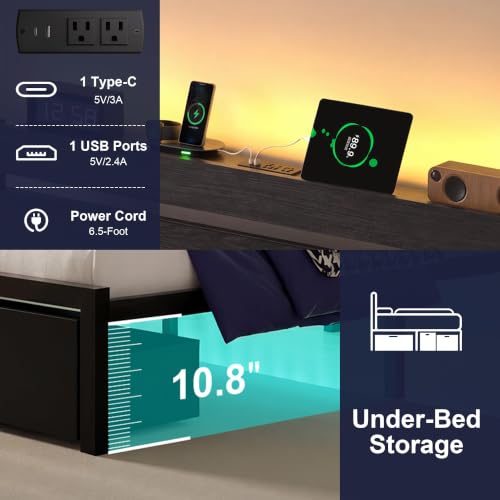 Queen Bed Frame with Drawers, Platform Bed with LED Lights & Charging Station, view 8