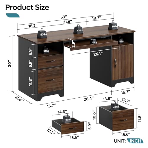 59" Office Desk with File Drawer, Keyboard Tray & 2 Drawers, Cherry, view 4