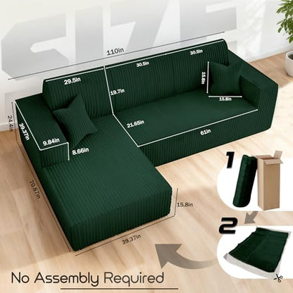 110" Boneless Couch, Cloud Modular Sectional Sofa with L-Shape Chaise, Modern Upholstered Couches for Living Room Bedroom No Assembly Required (Green, 110" Left Facing Chaise+2 Seaters)