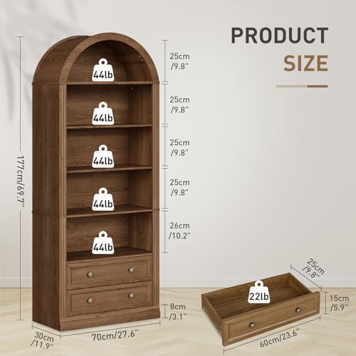 Farmhouse Arched Bookshelf, 7 Tiers Arch Bookcase with 2 Spacious Drawers, view 3