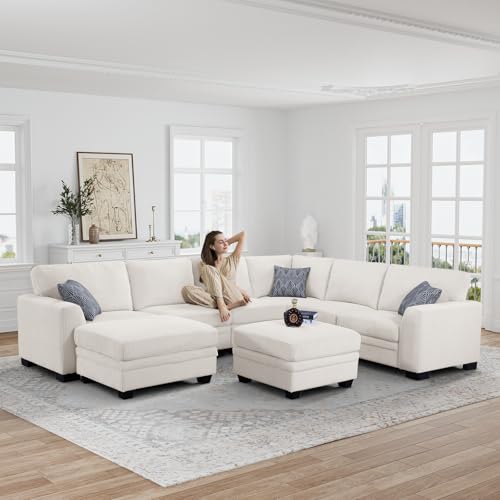 Oversized Modular Sectional Sofa,U/L-Shaped Corduroy Couch with Ottoman,Deep Seat & Removable Cushion,Easy Assembly for Living Room Apartment,8 Seater,Cream