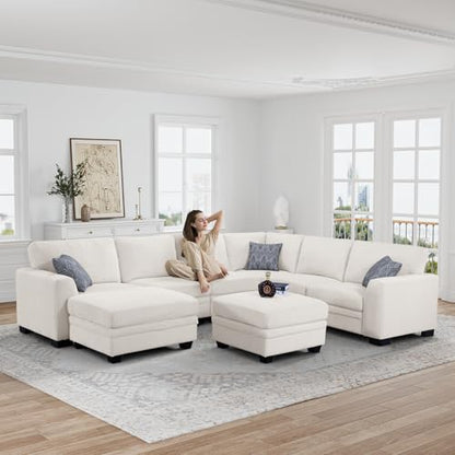 Oversized Modular Sectional Sofa,U/L-Shaped Corduroy Couch with Ottoman,Deep Seat & Removable Cushion,Easy Assembly for Living Room Apartment,8 Seater,Cream