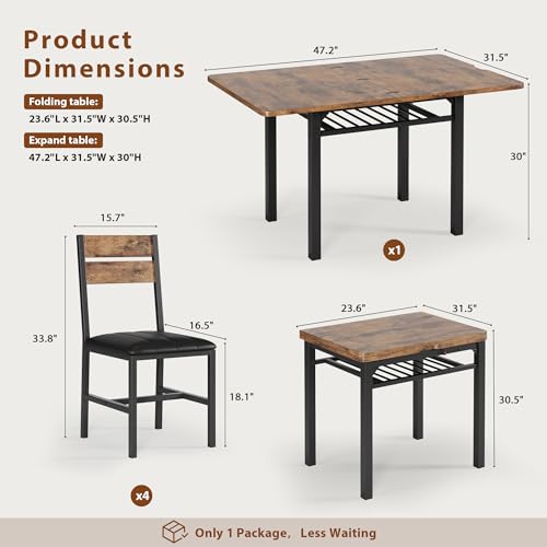 Dining Table Set for 4, Extendable Kitchen Table with 4 PU Leather Upholstered Dining Room Chairs, Wood Kitchen Table Set with Built-in Storage Rack for Dining & Small Spaces, Rustic Brown