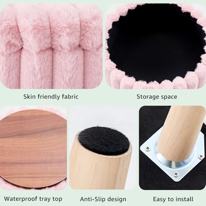 Storage Ottoman, Modern Round Footrest with Soft Padded Seat, Teddy Velvet Footstool with Wood Legs, Accent Small Table or Plant Stand for Hallway, Living Room (Light Pink)
