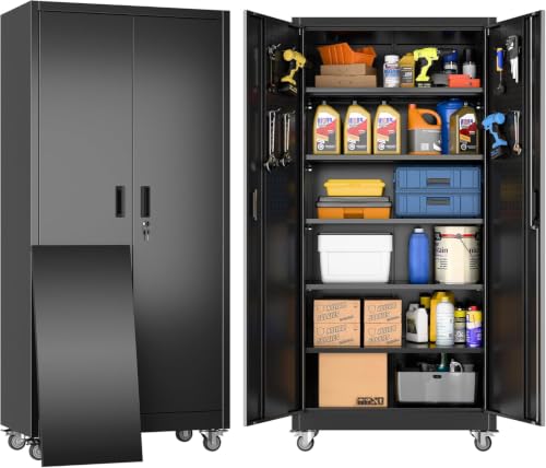 71" Metal Garage Storage Cabinet with Wheels,Pegboard,Lock,5 Shelves, view 3