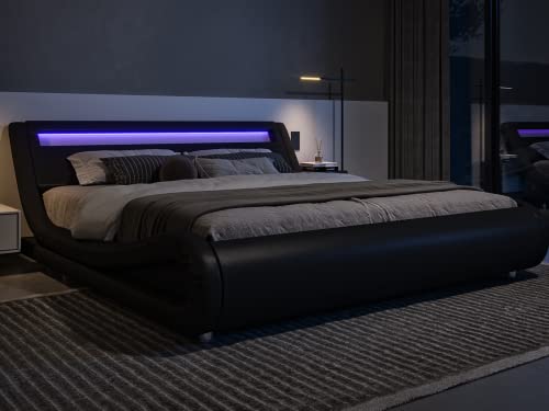 Queen Size LED Platform Bed Frame with Adjustable Headboard, Black, view 2