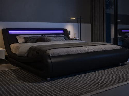 Queen Size LED Platform Bed Frame with Adjustable Headboard, Black, view 2