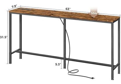 Console Table with Outlet, 63 Inch Sofa Table with Charging Station, Narrow Entryway Table, Behind Couch Table, for Living Room, Plants - Rustic Brown