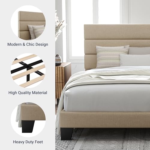 Queen Size Platform Bed Frame with Fabric Upholstered Headboard, view 7