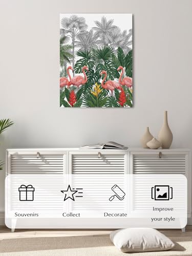 NuYeBiofx Summer Pink Flamingo Palm Leaf Canvas Wall Art Prints,48"x32" Framed Picture Artwork Tropical Animal Plant Tree Printed Canvas Oil Painting for Living Room Bedroom Office,Ready to Hang