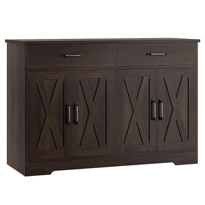 Buffet Cabinet with Storage, 47.2" Kitchen Sideboard Buffet with Drawers, Modern Farmhouse Coffee Bar Station with Shelves, Barn Doors Storage Cabinet for Living Room, Dark Brown