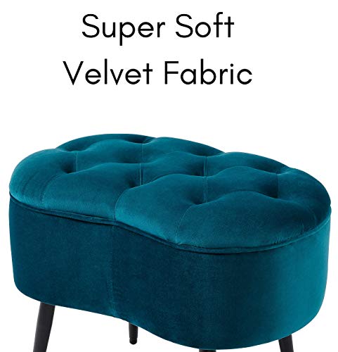 Tufted Oblong Velvet Ottoman - Mid Century Modern Upholstered Foot Rest with Steel Legs - Soft Padded Foot Stool, Accent or Vanity Chair for Living Room, Bedroom or Dorm (Teal)