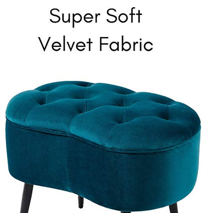 Tufted Oblong Velvet Ottoman - Mid Century Modern Upholstered Foot Rest with Steel Legs - Soft Padded Foot Stool, Accent or Vanity Chair for Living Room, Bedroom or Dorm (Teal)