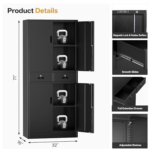 Metal Storage Cabinet, 71" Garage Storage Cabinet with 2 Locking Drawers and 2 Adjustable Shelves, Black Tool Cabinet, Lockable File Steel Cabinet for Home, Office, Gym, School