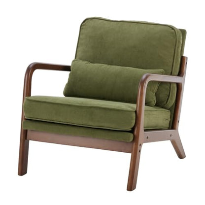 Mid Century Modern Accent Chair, Upholstered Low Armchair with Lumbar Pillow and Solid Wooden Frame, Lounge Chair for Small Living Room, Bedroom, Reading Nook, Green