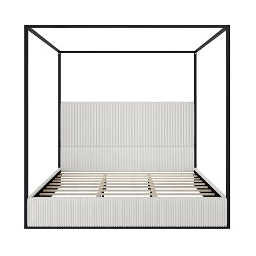 Luxury King Metal Canopy Bed with Tall Upholstered Headboard, White, view 5