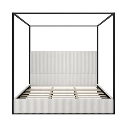 Luxury King Metal Canopy Bed with Tall Upholstered Headboard, White, view 5