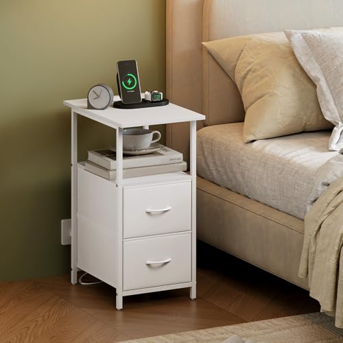 End Table with Charging Station, Narrow Side Table with 2 Fabric Drawers, Skinny Nightstand with Storage, Small Slim Bedside Table for Living Room, Sofa, Bedroom, Couch, White Leather