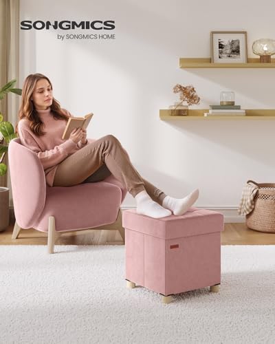 SONGMICS Small Storage Ottoman, Folding Ottoman Cube, 15 x 15 x 15.7 Inches, Footstool, Footrest, 10 Gal. (37 L), Velvet Surface, for Bedroom, Living Room, Dorm, Jelly Pink ULSF0516R01