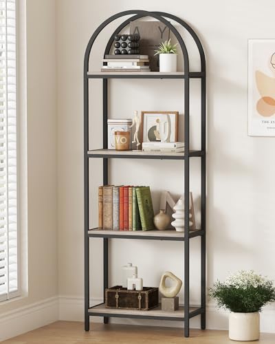 Bookshelf 4 Tier Arched Bookcase, 71.3" Tall Industrial Open Book Shelves for Living Room, Modern Freestanding Display Shelving Storage Rack Metal Frame, Office, Bedroom, Grey