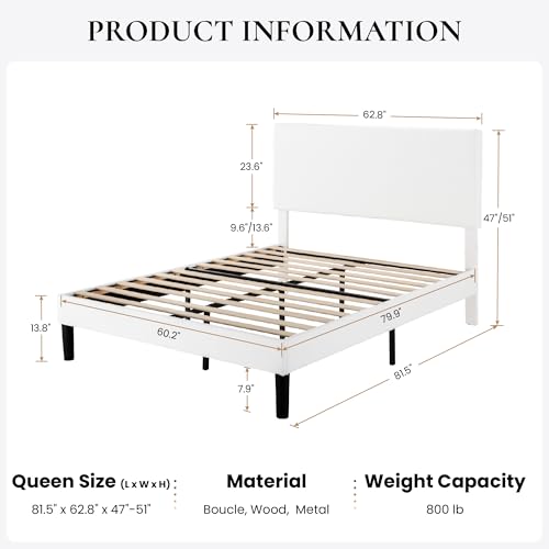 Boucle Upholstered Queen Size Bed Frame, White, view 4