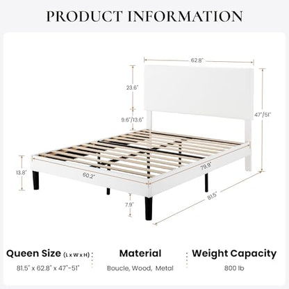 Boucle Upholstered Queen Size Bed Frame, White, view 4