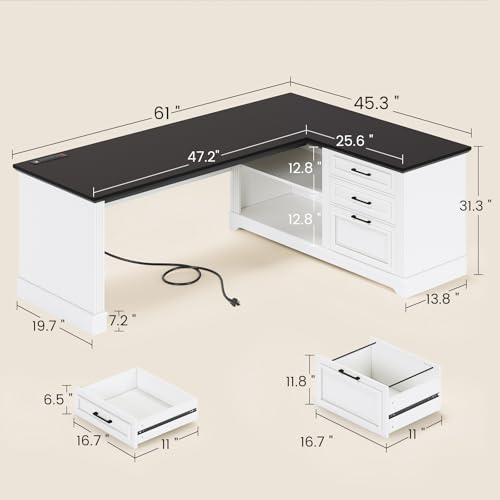 Farmhouse 61" Executive L Shaped Desk with Drawers for Home Office, view 3