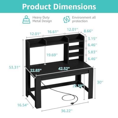 43" Black Gaming Desk with Hutch and Built-in Power Outlet, view 4
