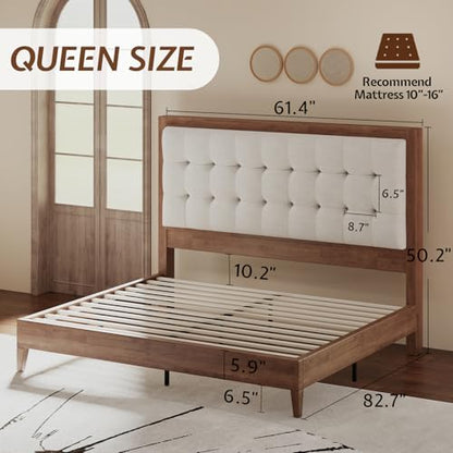 Queen Bed Frame Solid Wood,50" Tall Upholstered Headboard,Walnut, view 3