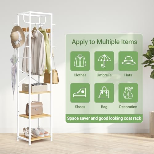 Coat Rack Freestanding, Hall Tree with 3 Shelves and 12 Hooks | Industrial Metal Frame, Space-Saving Design, Clothes Rack Stand Organizer for Bedroom, Hallway, Entryway, Office, Living Room