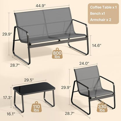 4 Piece Patio Furniture Set, Outdoor Conversation Set, with Glass Coffee Table, Loveseat, 2 Single Chairs, All Weather Textile Fabric, for Backyard, Balcony, Lawn, Garden, Poolside, Grey