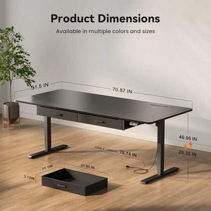 Electric Standing Desk, Extra Large 71 x 31.5 Inches Height Adjustable Table with Outlets, Sit Stand Computer Desk with Drawers for Home Office, Ergonomic Rising Workstation, Black