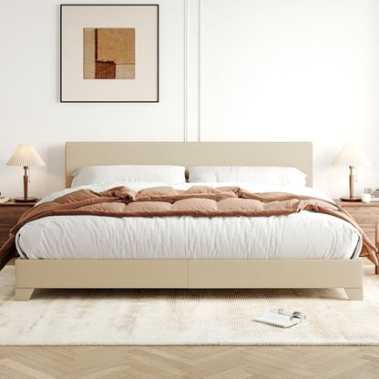 King Size Upholstered Bed Frame Adjustable Headboard, Beige, view 4