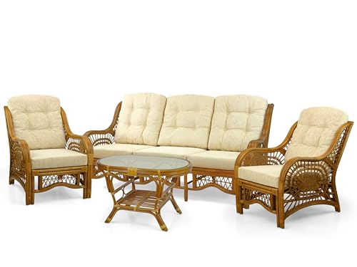 Malibu Lounge Set of 4: 2 Natural Rattan Wicker Chairs, Three-Seater Sofa with Cushions, and Coffee Table with Glass Handmade, Colonial Color