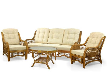 Malibu Lounge Set of 4: 2 Natural Rattan Wicker Chairs, Three-Seater Sofa with Cushions, and Coffee Table with Glass Handmade, Colonial Color