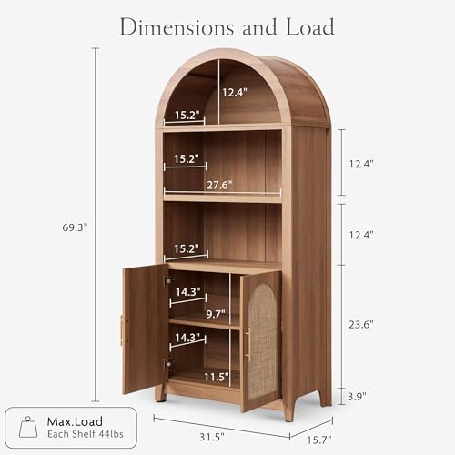 Rattan Arched Cabinet Bookshelf - 69.3” Tall Mid Century Display Cabinet, Rounded Bookcase with Rattan Doors, Open Shelf Storage for Dining Room (Caramel Oak, 1 PC)