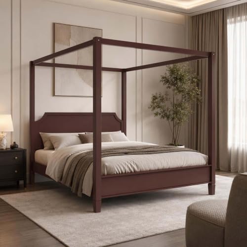 Walnut Wooden Canopy Bed Frame Queen with Tall Headboard, view 2