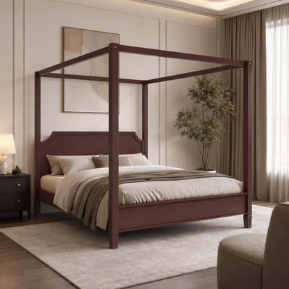 Walnut Wooden Canopy Bed Frame Queen with Tall Headboard, view 2