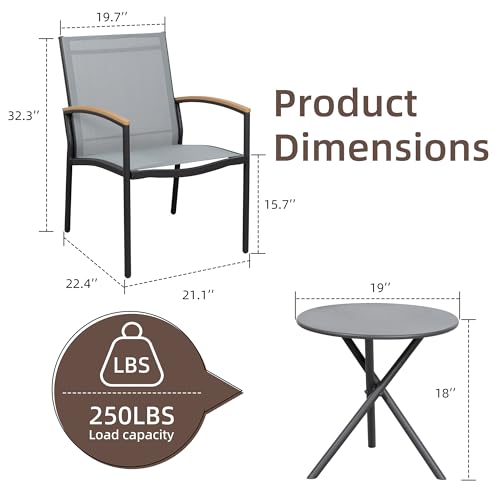 3 Pieces Patio Bistro Sets, Outdoor Textilene Fabric Conversation Bistro Set, Textilene Fabric Front Porch Chairs Small Patio Furniture Set with Table for Lawn,Garden,Balcony (Grey)