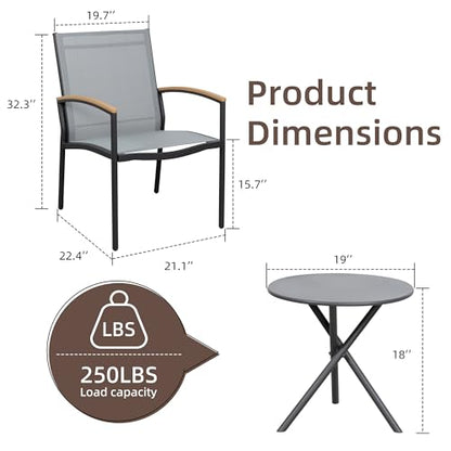 3 Pieces Patio Bistro Sets, Outdoor Textilene Fabric Conversation Bistro Set, Textilene Fabric Front Porch Chairs Small Patio Furniture Set with Table for Lawn,Garden,Balcony (Grey)