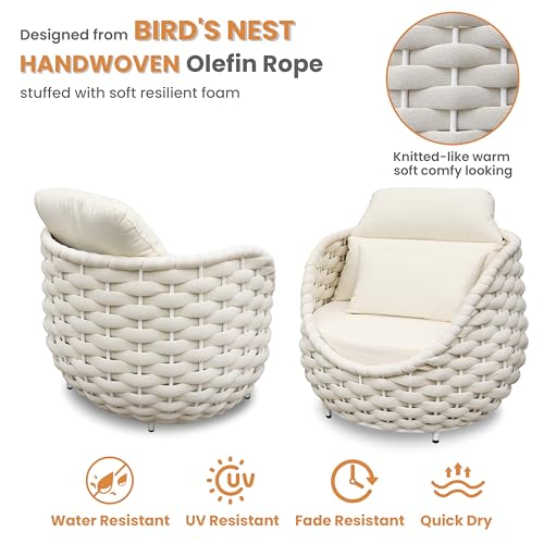 Patio Accent Chairs Set of 6: Aluminum Porch Lounge Chair with Arms - Woven Rope Cushioned Armchair - Modern One Seater Sofa - Outdoor Deck Furniture for 400lbs Balcony Yard Garden Hotel, Beige