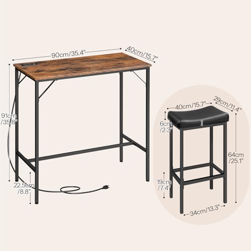 3-Piece Bar Table and Chairs Set, 39.4" Pub Table, High Top Bar Table with Charging Station, 3-Piece Dining Table Kitchen Breakfast Table Set, for Kitchen, Small Space, Rustic Brown BF10UBT01