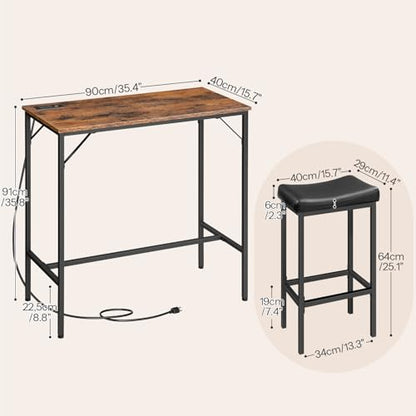 3-Piece Bar Table and Chairs Set, 39.4" Pub Table, High Top Bar Table with Charging Station, 3-Piece Dining Table Kitchen Breakfast Table Set, for Kitchen, Small Space, Rustic Brown BF10UBT01