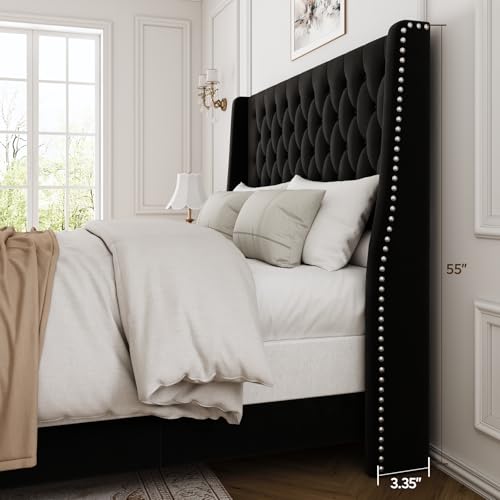 Queen Upholstered Bed Frame, 55.4'' Tall Headboard with Wingback, view 4