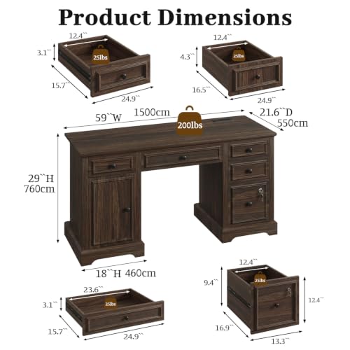 59" Farmhouse Executive Desk with Drawers Lock File Cabinet, view 3