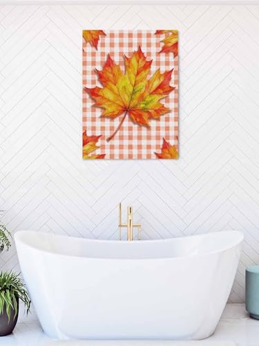 NuYeBiofx Fall Thanksgiving Maple Leaves Canvas Wall Art Prints,30"x20" Framed Picture Artwork Plaid Background Printed Canvas Oil Painting for Living Room Bedroom Office,Ready to Hang