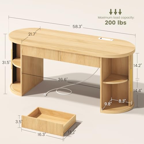 Office Desk with 2 Drawers, 58.3" x 21.7" Fluted Computer Desk with 2 Sliding Doors Storage and Power Strip, Wood Executive Desk for Home Office, Light Oak